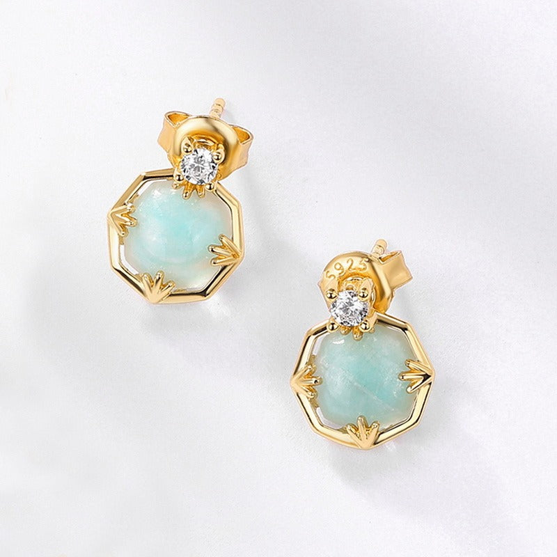 New Luxury Amazonite Stud Earrings - Vintage Chic S925 Silver & White Crystal