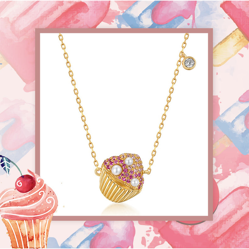 Cupcake Necklace for Women S925 Silver with Colorful Zircon and Pearl - 18"