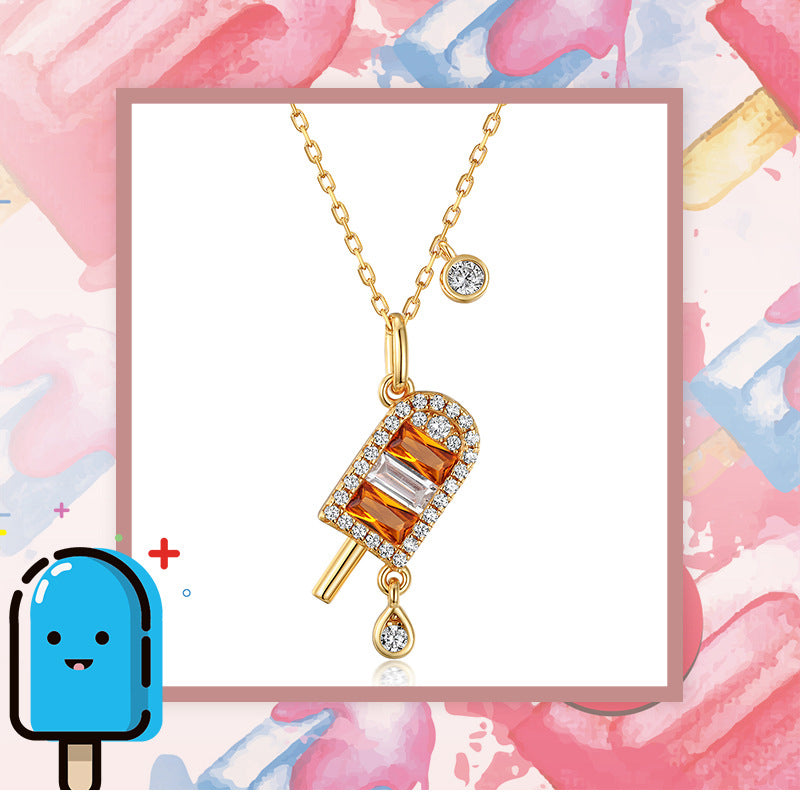 Summer New Orange Popsicle Necklace for Women - S925 Sterling Silver Ice Cream Pendant with Nano Yellow Zircon