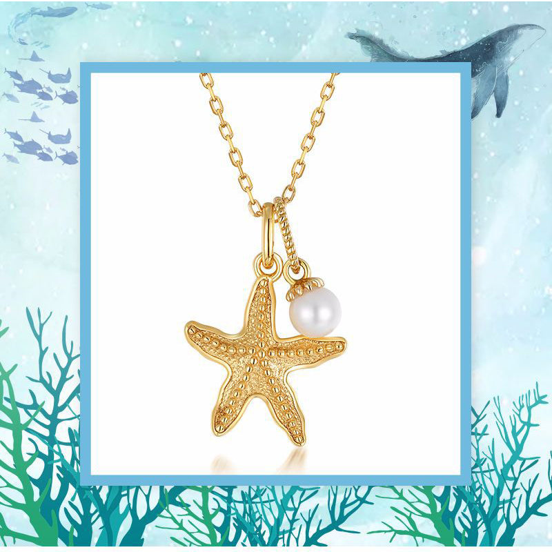 Summer New Starfish Necklace for Women - S925 Silver with 9K Gold Plated and Natural Freshwater Pearl,18"