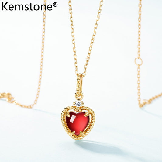 Kemstone Vintage Garnet Heart Necklace, 925 Sterling Silver with 10K Gold Plating, Unique Designer Pendant for Fashionable OL Style, 45cm Chain