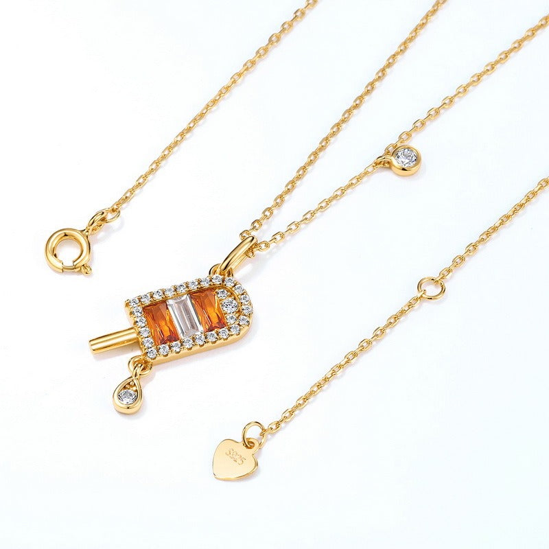 Summer New Orange Popsicle Necklace for Women - S925 Sterling Silver Ice Cream Pendant with Nano Yellow Zircon