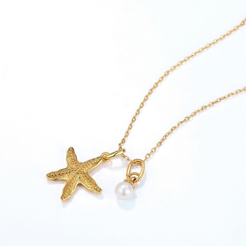 Summer New Starfish Necklace for Women - S925 Silver with 9K Gold Plated and Natural Freshwater Pearl,18"