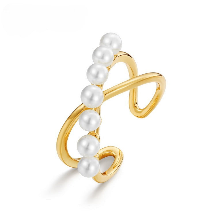 Minimalist Geometric Pearl Ring, Adjustable S925 Sterling Silver with 9K Gold Plating