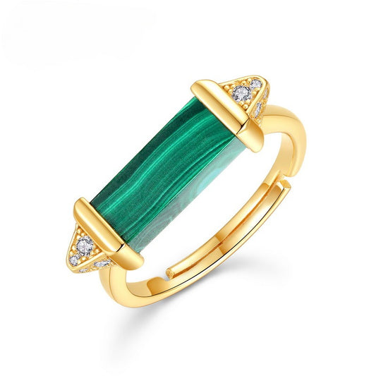 Modern Geometric Malachite & Diamond Ring - Adjustable S925 Silver Gold-Plated