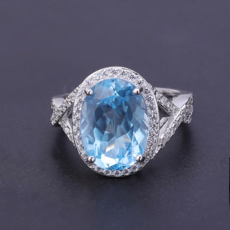 Kemstone Anillo de topacio azul cielo de corte ovalado de 8,15 quilates, anillos huecos de plata de ley para mujer, K245032R