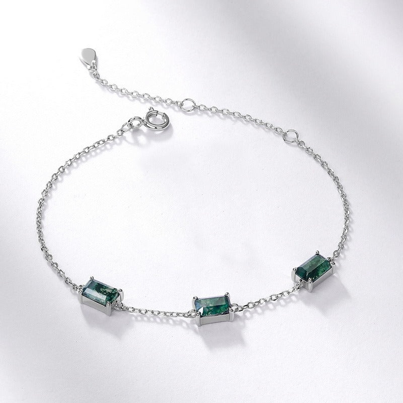 Kemstone Moss Agate Bracelet - Geometric Design, S925 Sterling Silver, White Gold Plated Jewelry