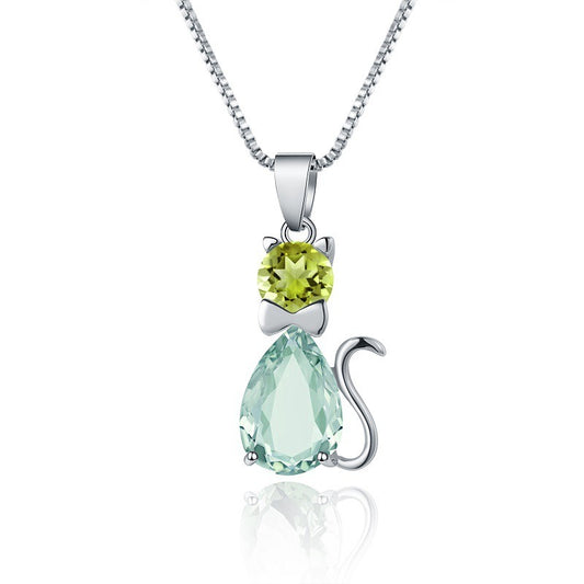 Kemstone Exquisite Natural Gemstone Cat Pendant Necklace with Green Amethyst and Peridot Accents,18",K23515N