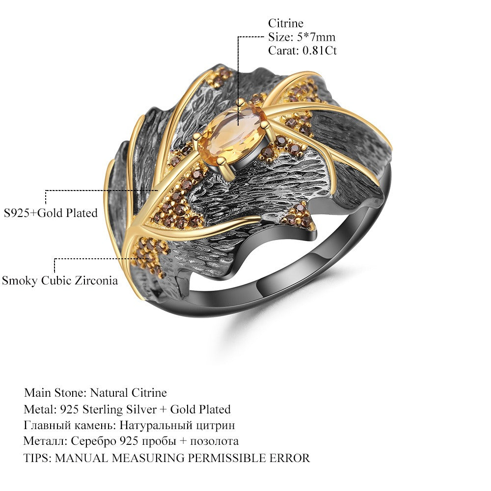 Kemstone 0,81 Karat natürlicher Citrin-Ring, Designer-Blattschmuck, 925er Sterlingsilber, Ring für Damen, K230809R 