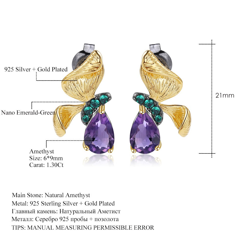 Pendientes de mariposa de plata de ley 925 con nanopiedras verde esmeralda y amatista morada de 1,3 quilates 