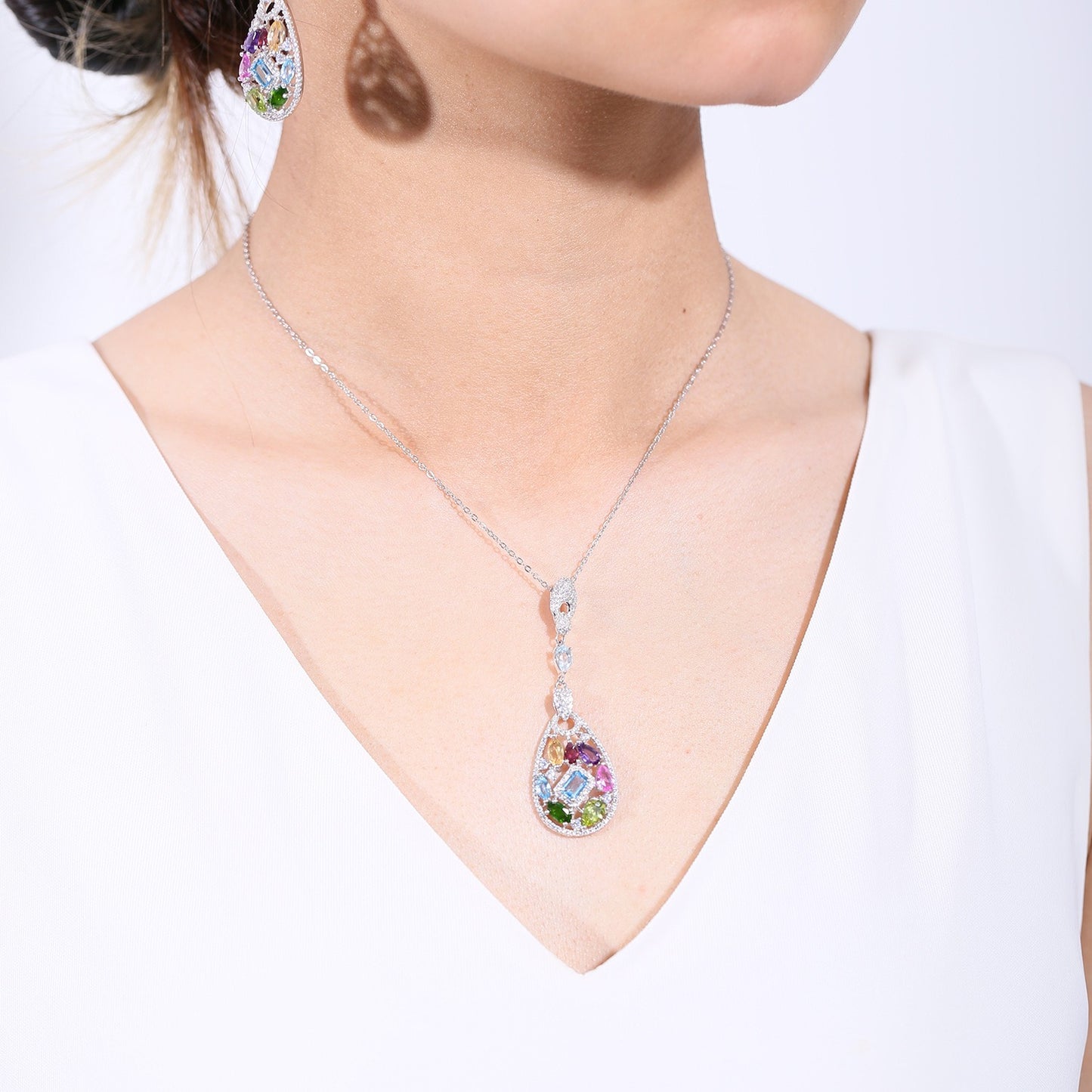 Kemstone Natural Blue Topaz and Multicolored Gemstone Teardrop Pendant Necklace | S925 Sterling Silver | 18" Chain