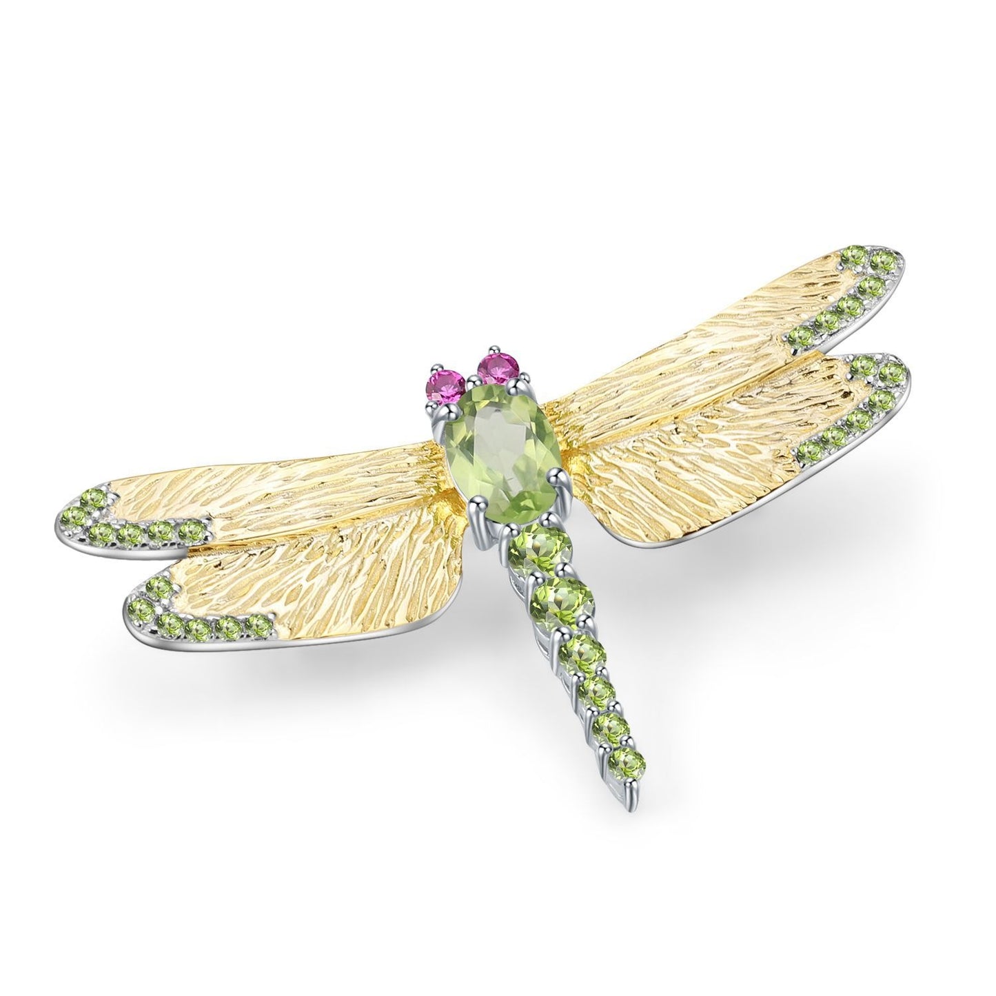 Kemstone 925 Sterling Silver Dragonfly Brooch with Peridot and Lab Created Ruby Accents