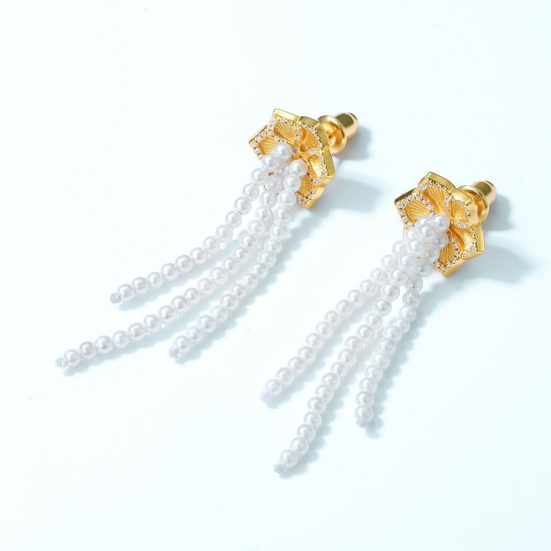 Trendy Long Pearl Tassel Earrings - S925 Silver with 10K Gold Plating Dangle Earrings