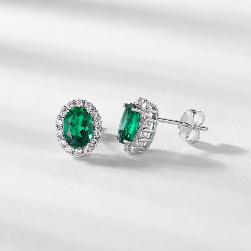 Kemstone Created Emerald Earrings | S925 Sterling Silver White Gold-plated Oval Cut | AAAA Zircon Surround | Fashionable Lightweight Stud Earrings