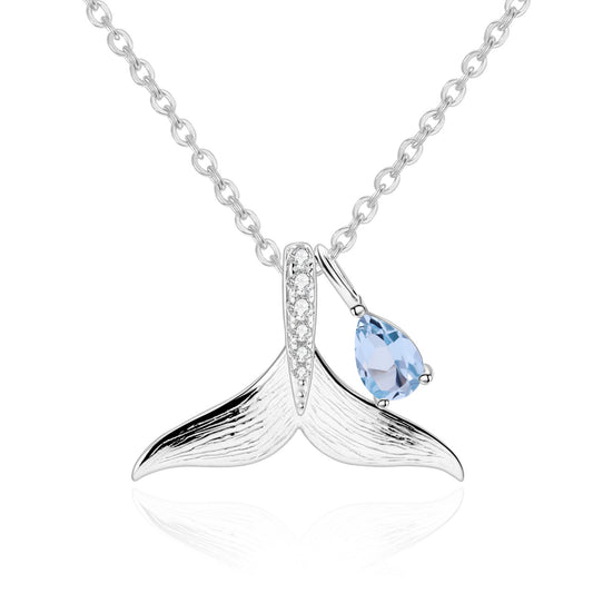 Whale Tail Gemstone Pendant Necklace with 4*6mm Sky Blue Topaz - 18" Chain, Versatile Elegance, Artistic Detailing