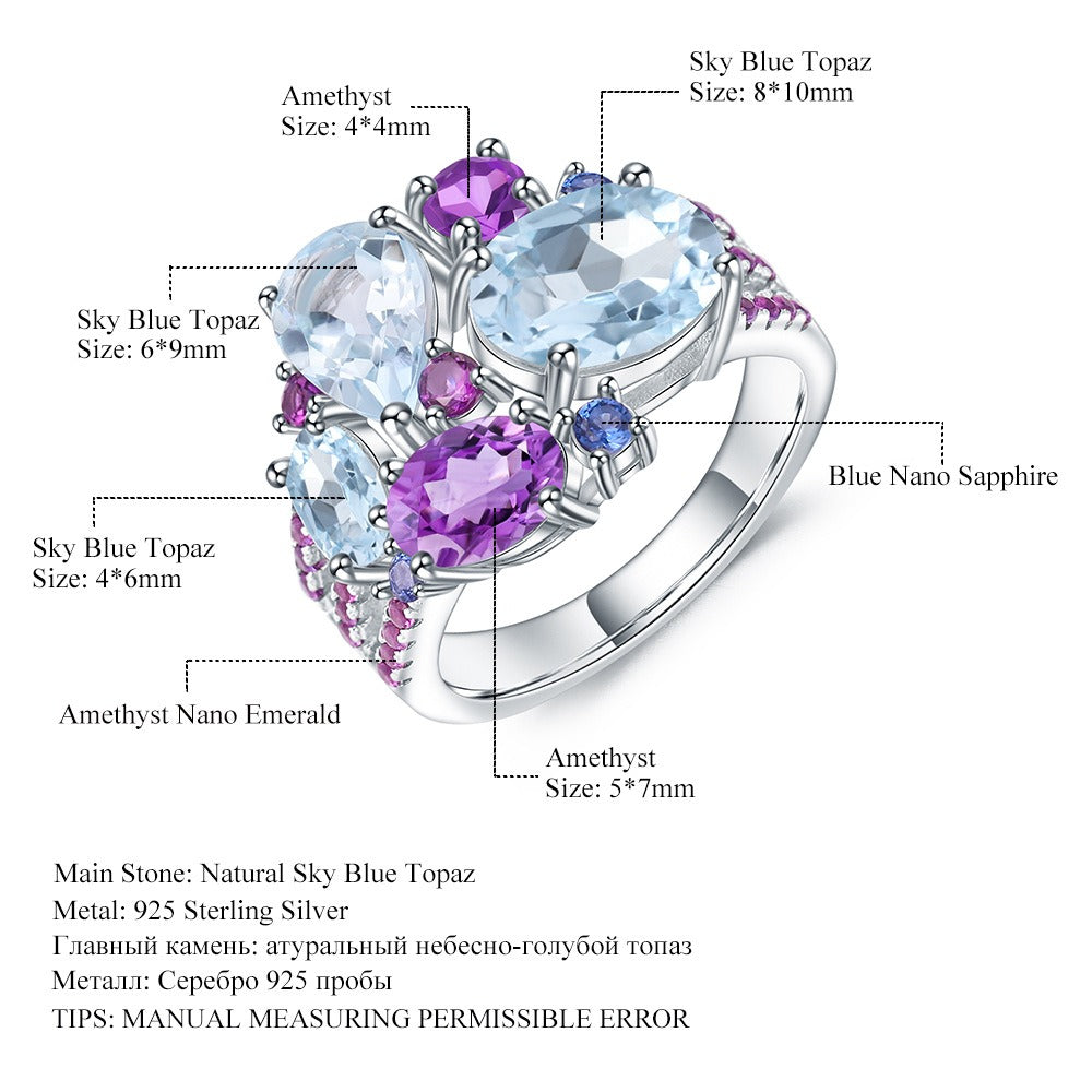 Kemstone Sky Blue Topaz and Amethyst Cocktail Ring in 925 Sterling Silver