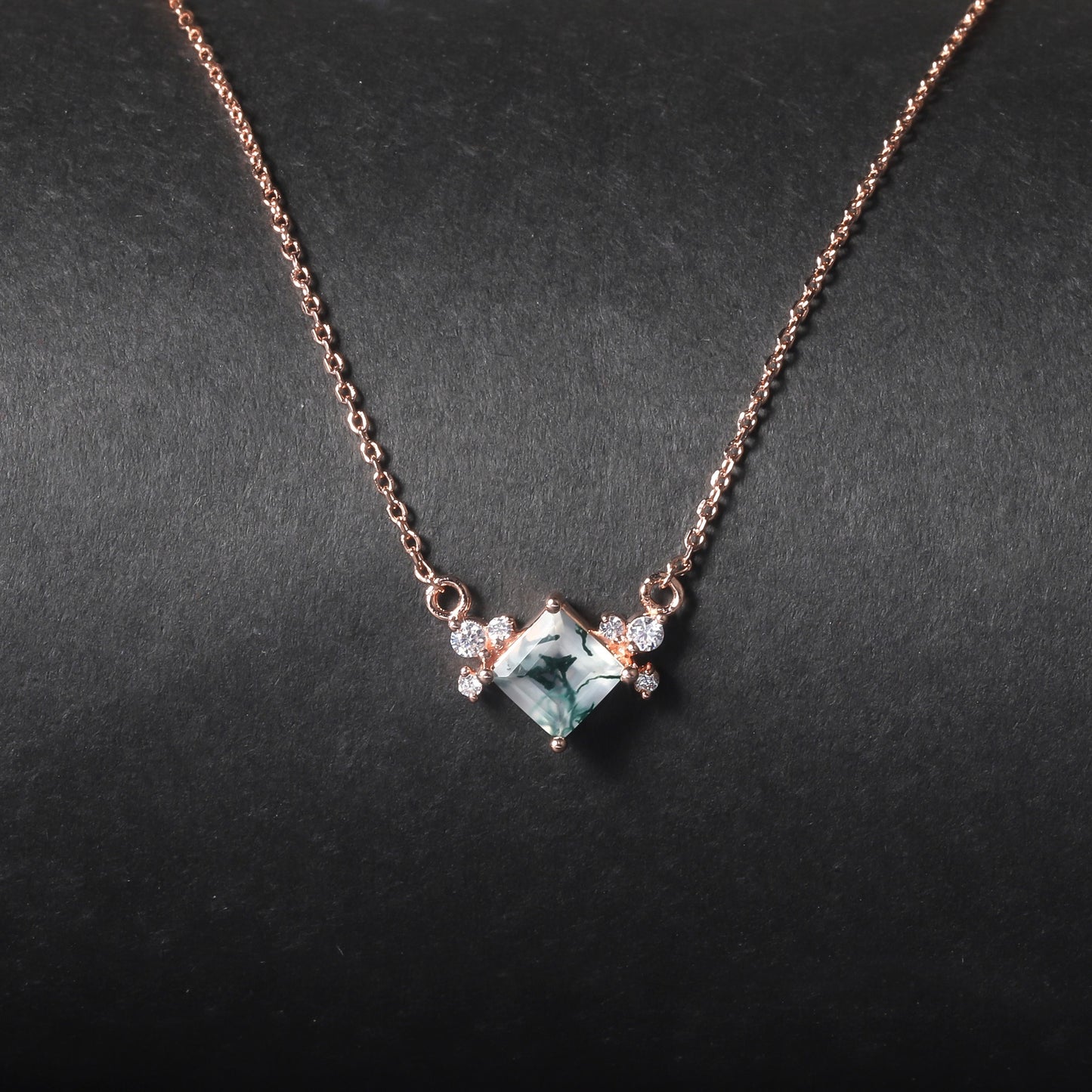 Kemstone Princess Cut Moss Agate Necklace | Square 5x5mm Gemstone | Rose Gold Plated 925 Sterling Silver,18"