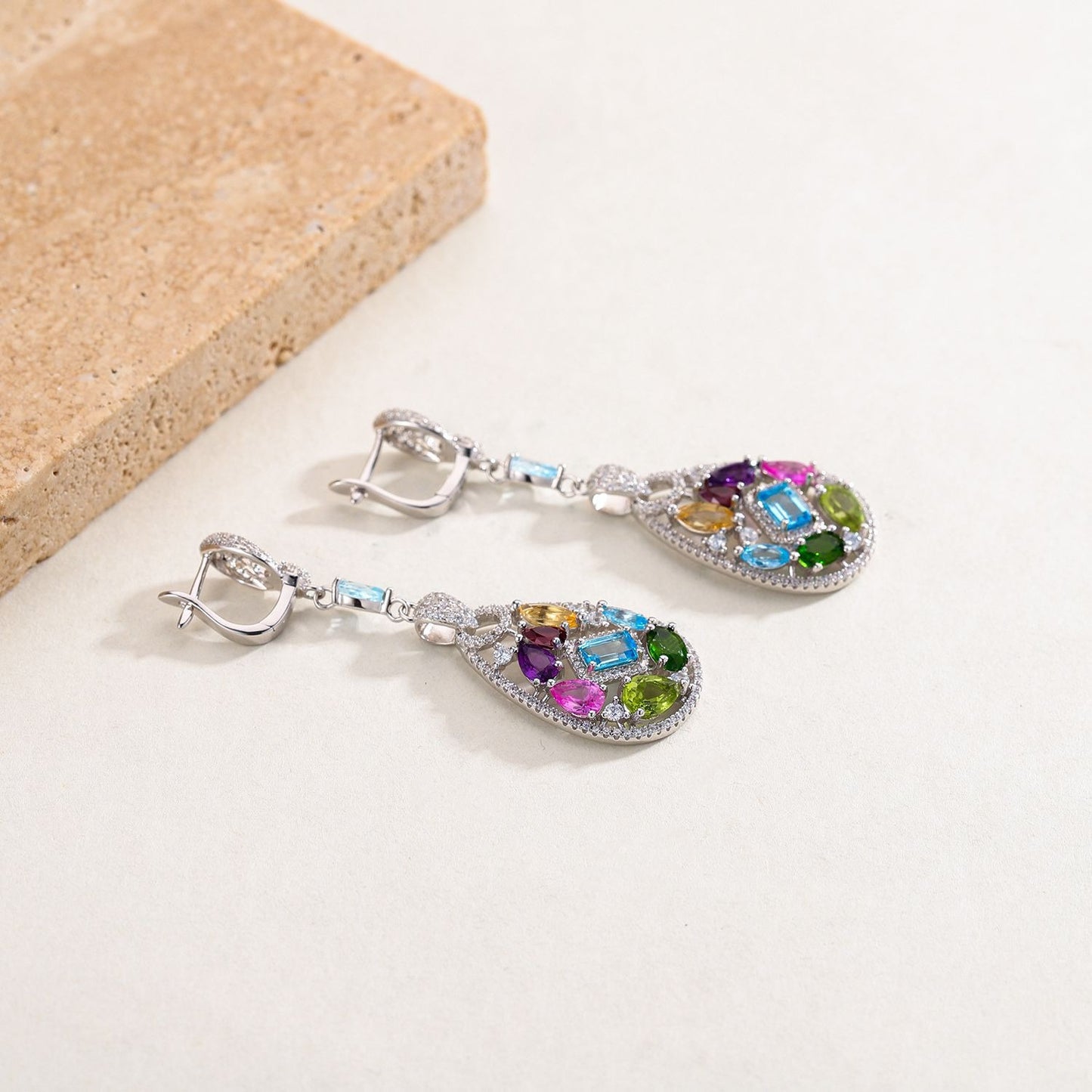 Kemstone Women's Teardrop Earrings with Natural Blue Topaz and Multicolored Gemstones