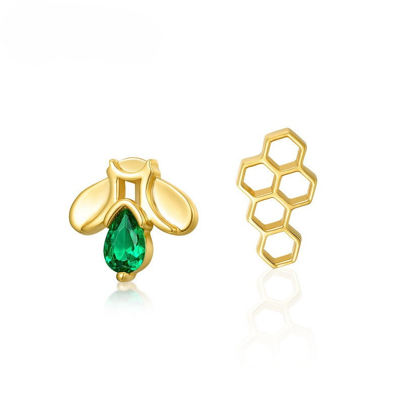 Asymmetrical Bee Stud Earrings - Luxury S925 Silver Gold-Plated with Green Nano Zircon