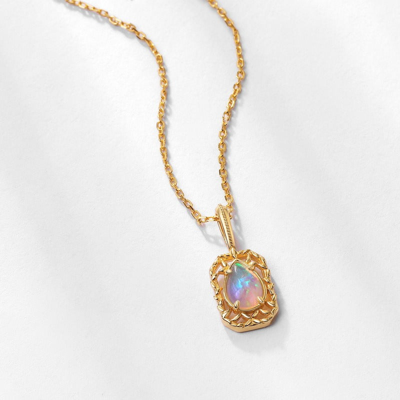 Vintage Opal Pendant Necklace - Intricate S925 Silver Gold-Plated Design,18"