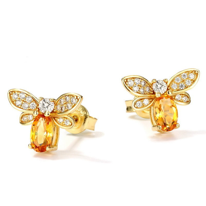 Natural Citrine Bee Stud Earrings - Cute S925 Silver Gold-Plated Design