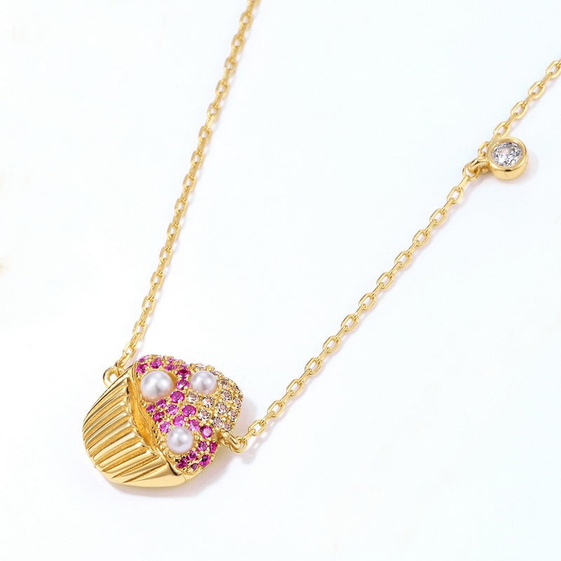 Cupcake Necklace for Women S925 Silver with Colorful Zircon and Pearl - 18"