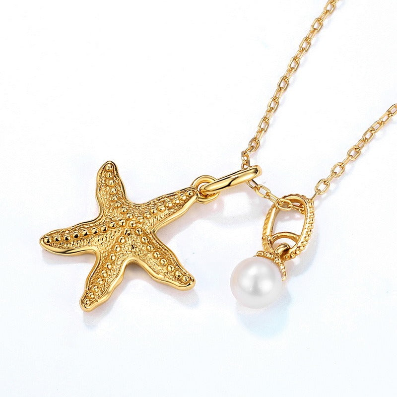 Summer New Starfish Necklace for Women - S925 Silver with 9K Gold Plated and Natural Freshwater Pearl,18"