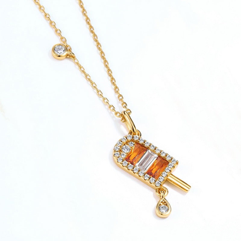 Summer New Orange Popsicle Necklace for Women - S925 Sterling Silver Ice Cream Pendant with Nano Yellow Zircon