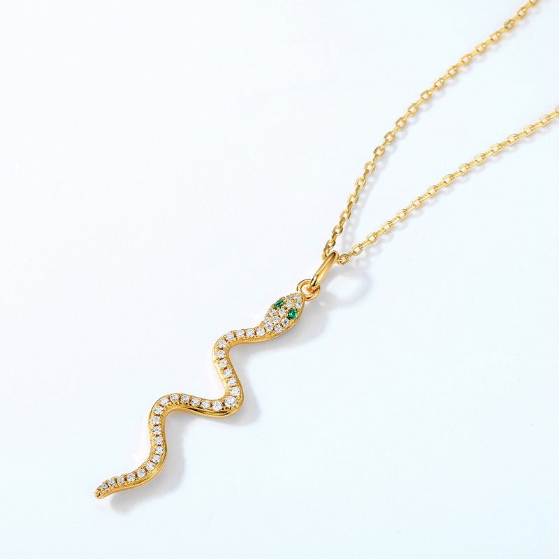 Luxury Snake Pendant Necklace - S925 Silver with Nano Green Zircon and 9K Gold Plating，18”