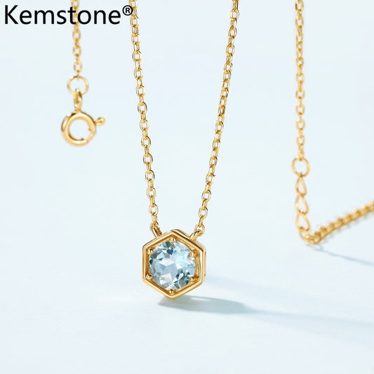 Kemstone Elegant Aquamarine Necklace, 925 Sterling Silver with 10K Gold Plating, Minimalist Designer Pendant for Fashionable OL Style, 45cm Chain