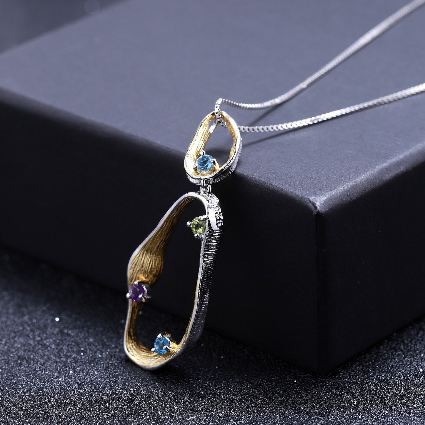 Kemstone Swiss Blue Topaz Peridot Amethyst Pendant Necklace S925 Sterling Silver Plated 2 Tone Jewelry,18"