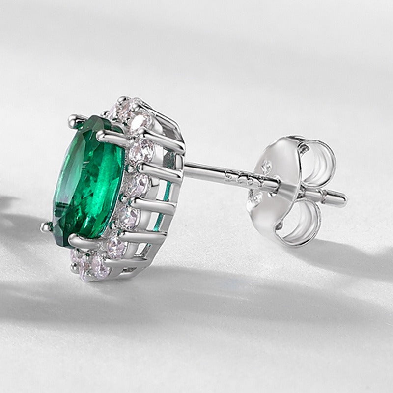 Kemstone Created Emerald Earrings | S925 Sterling Silver White Gold-plated Oval Cut | AAAA Zircon Surround | Fashionable Lightweight Stud Earrings