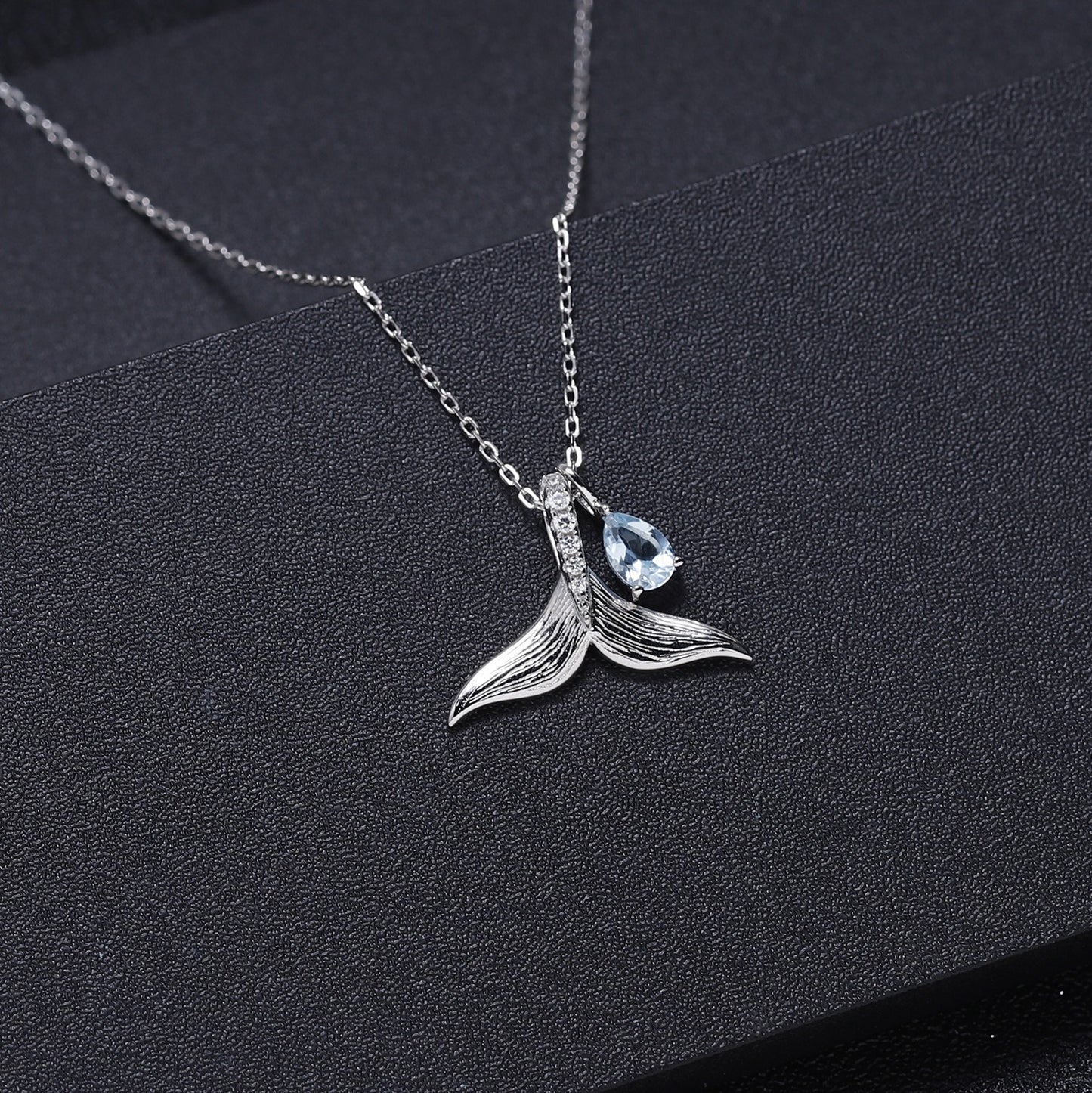 Whale Tail Gemstone Pendant Necklace with 4*6mm Sky Blue Topaz - 18" Chain, Versatile Elegance, Artistic Detailing