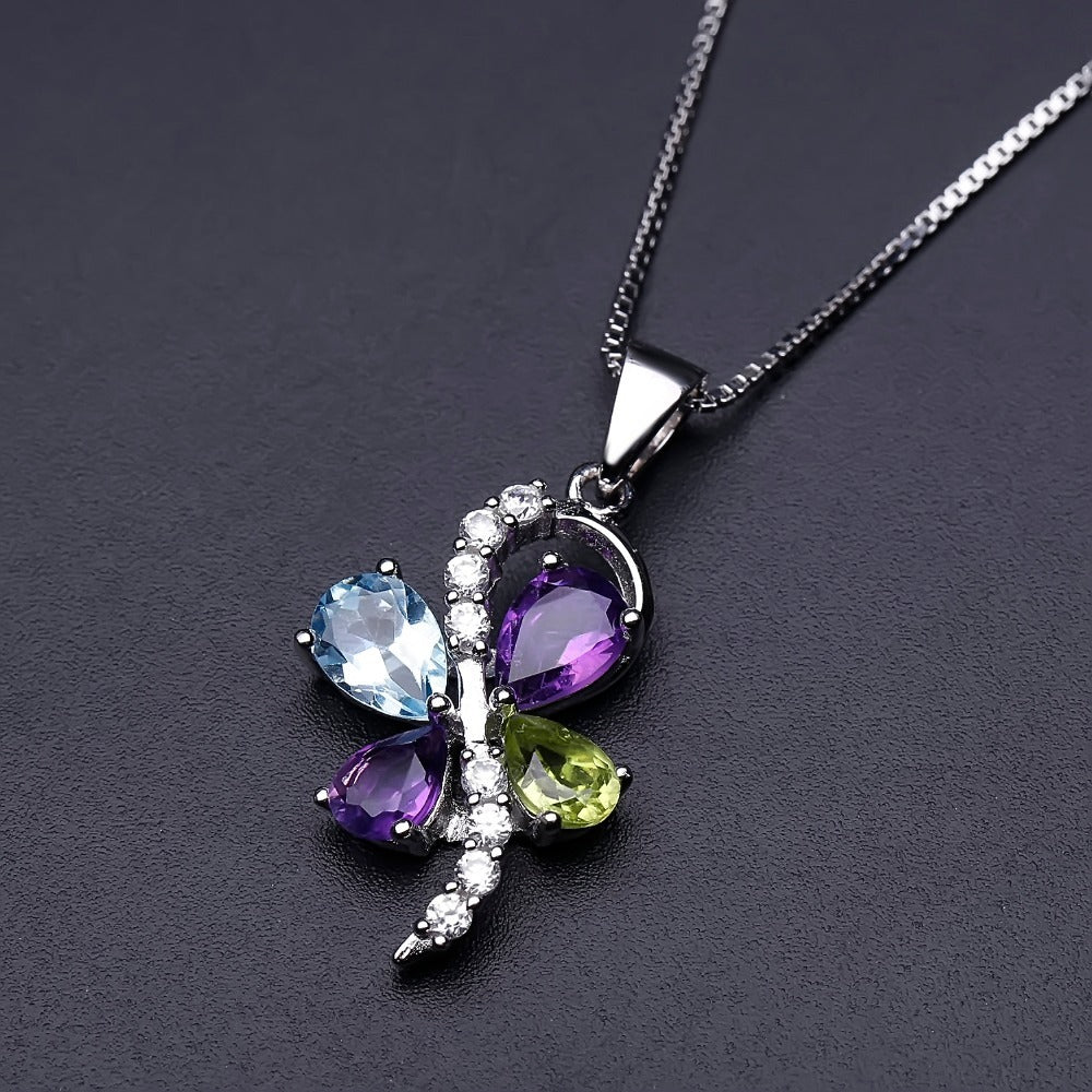 Kemstone Natural Sky Blue Topaz/Amethyst/Peridot S925 Sterling Silver Gemstone Necklace for Women,18"