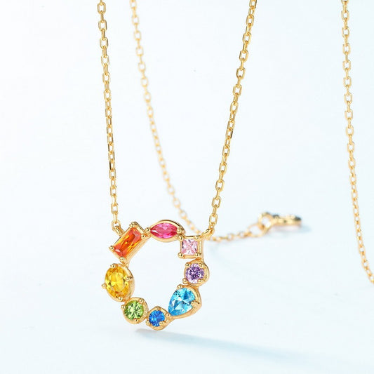 Sterling Silver Colorful Zircon Necklace - S925 Clavicle Chain, 10K Gold Plated, 18", Assorted Gemstone Shapes