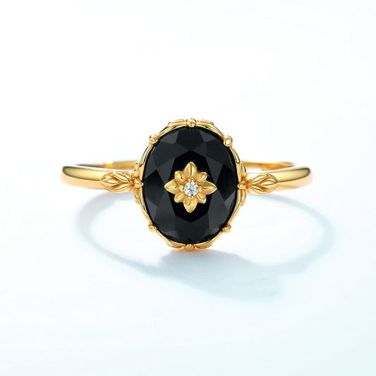 Vintage Black Onyx Ring - Adjustable S925 Silver with 10K Gold-Plated