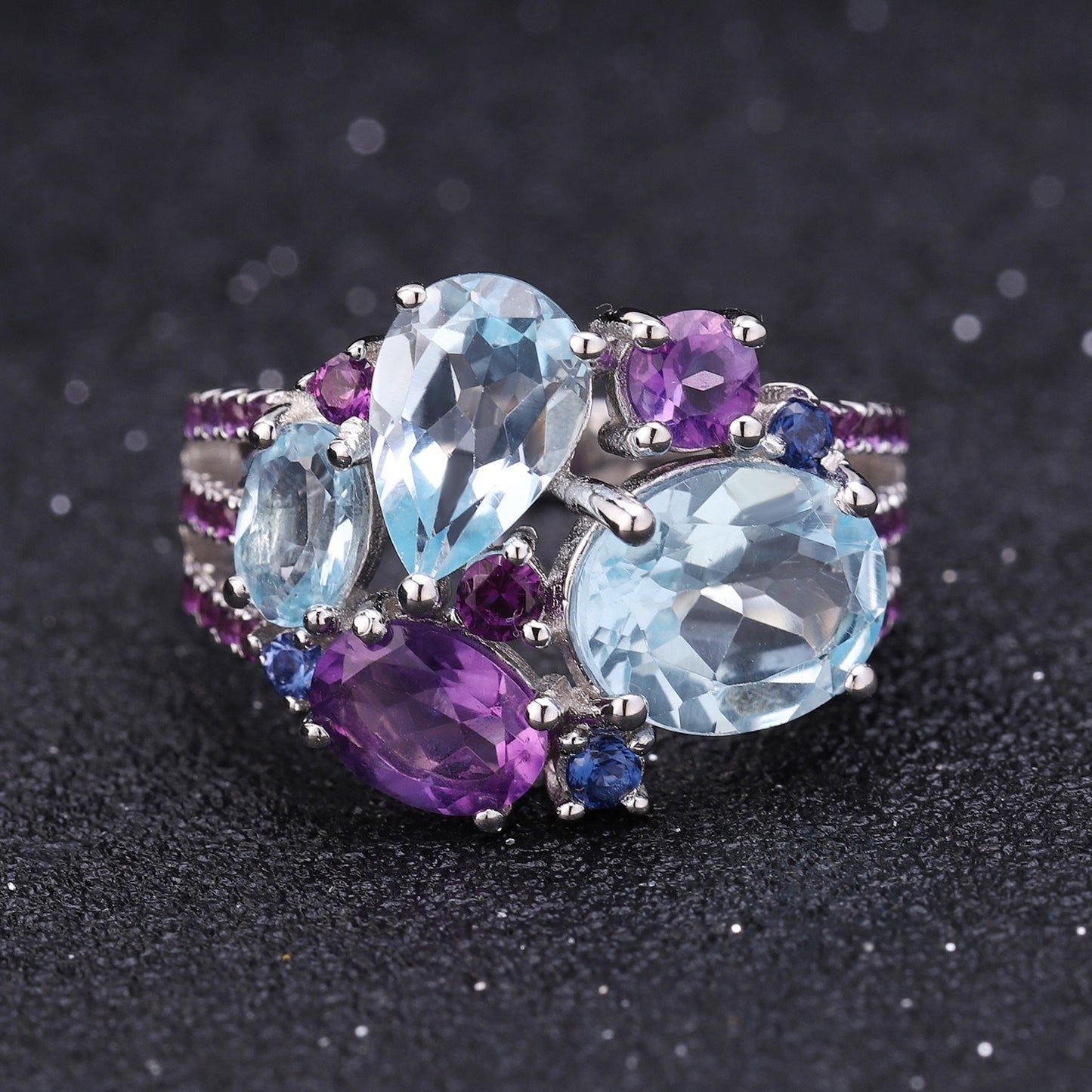 Kemstone Sky Blue Topaz and Amethyst Cocktail Ring in 925 Sterling Silver