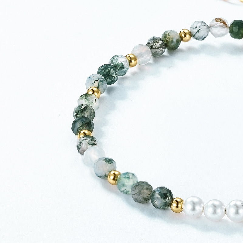 Handcrafted Moss Agate Beaded Bracelet - Delicate S925 Silver & Pearl Design