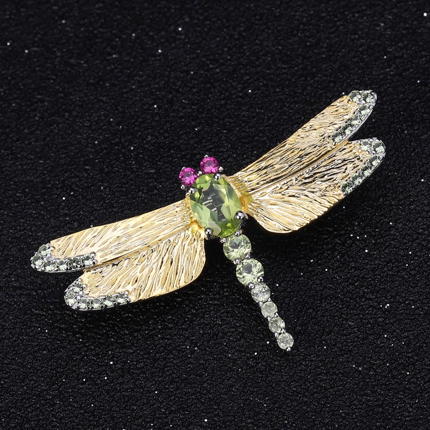 Kemstone 925 Sterling Silver Dragonfly Brooch with Peridot and Lab Created Ruby Accents