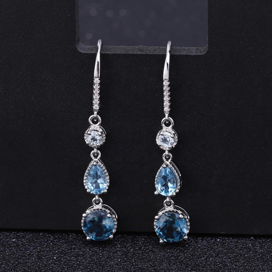 Kemstone Natural Blue Topaz Gemstone Dangle Earrings in S925 Sterling Silver for Women