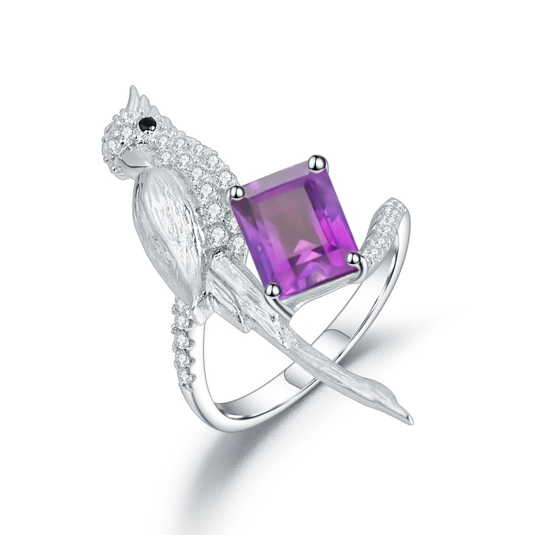 Kemstone 925 Sterling Silver Bird Gemstone Ring with Amethyst/Sky Blue Topaz,K245021R