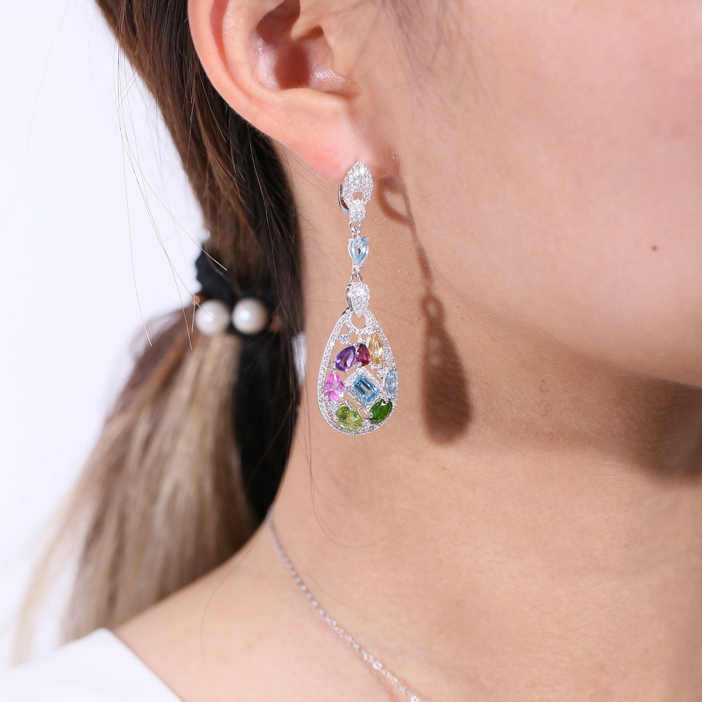 Kemstone Women's Teardrop Earrings with Natural Blue Topaz and Multicolored Gemstones