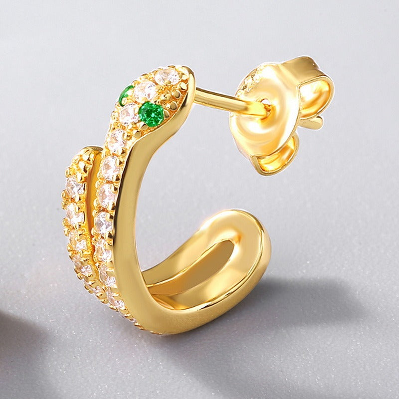 Classic Snake Stud Earrings - S925 Silver with Nano Green Zircon and 9K Gold Plating