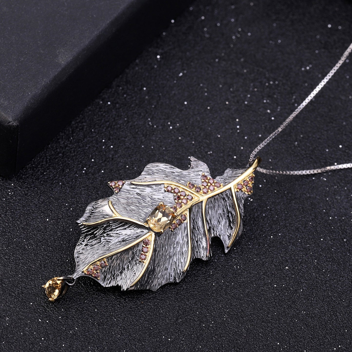 Kemstone Natural Citrine Leaf Pendant Necklace with Smoky Cubic Zirconia Accents, 18",K23526N