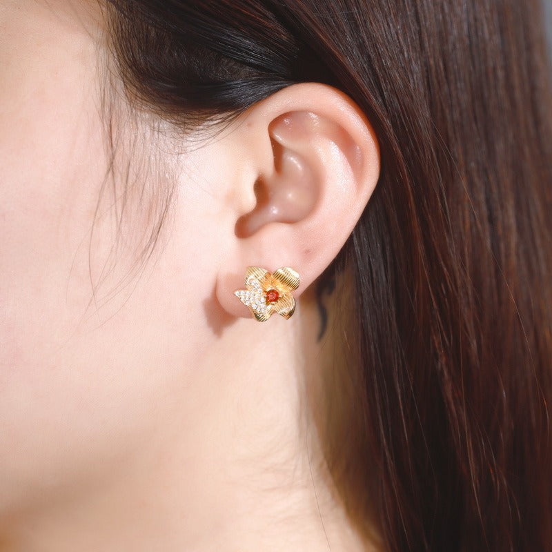 Spring Garden Collection Camellia Flower Garnet Stud Earrings - Original Design S925 Silver Gold-Plated