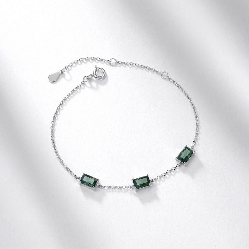 Kemstone Moss Agate Bracelet - Geometric Design, S925 Sterling Silver, White Gold Plated Jewelry