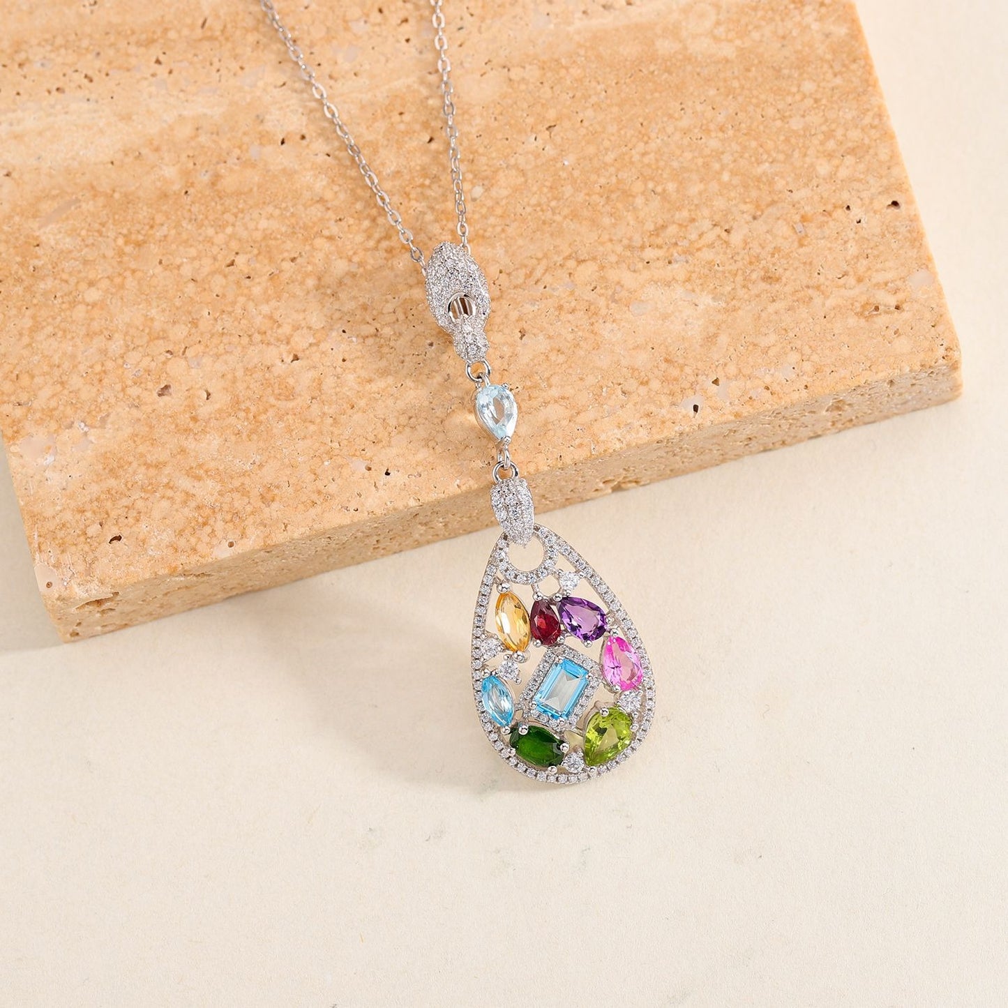 Kemstone Natural Blue Topaz and Multicolored Gemstone Teardrop Pendant Necklace | S925 Sterling Silver | 18" Chain