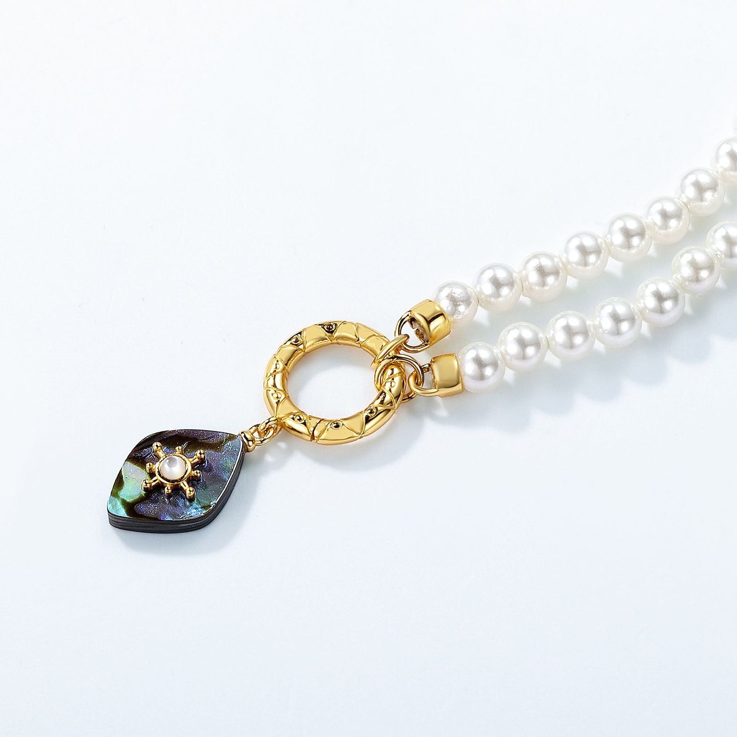 Kemstone Luxury Vintage Pearl Necklace - S925 Sterling Silver Abalone Shell Pendant Chain, 10K Gold Plated with Enamel,K244285N