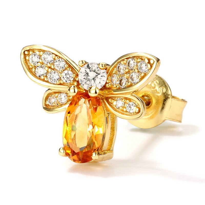 Natural Citrine Bee Stud Earrings - Cute S925 Silver Gold-Plated Design