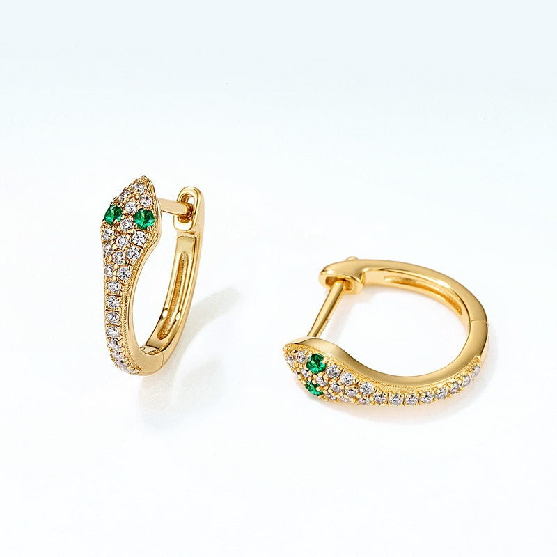 Trendy Snake Hoop Earrings - S925 Silver with Nano Green Zircon and 9K Gold Plating